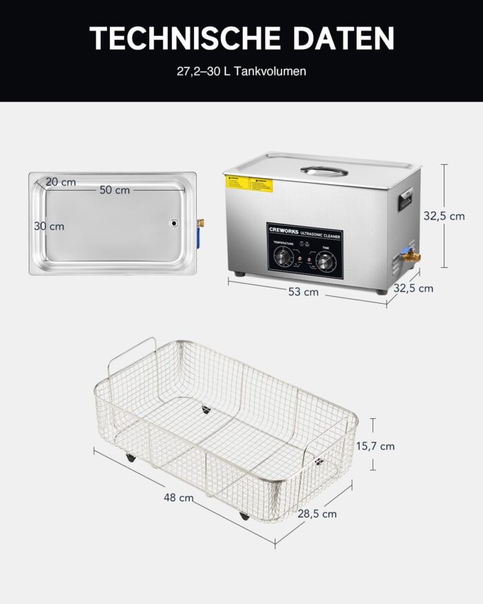 CREWORKS Ultraschallreinigungsgerät Edelstahl 30L Ultraschallreiniger 600W mit Heizung Timer Degas & Soft-Modus für Zahnprothesen Schmuck Brillen Uhren Gläser Ultraschall-Reinigungsgerät mit Knöpfen