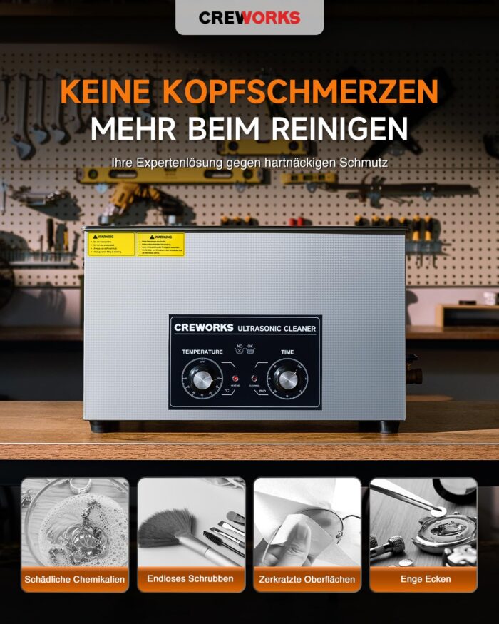 CREWORKS Ultraschallreinigungsgerät Edelstahl 30L Ultraschallreiniger 600W mit Heizung Timer Degas & Soft-Modus für Zahnprothesen Schmuck Brillen Uhren Gläser Ultraschall-Reinigungsgerät mit Knöpfen