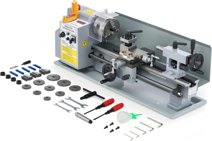 CREWORKS Mini-Drehmaschine 7 x 14 Zoll mit 3-Backen-Futter und 2500 U/min Mini-Metalldrehmaschine 180x350MM mit LCD-Display, 550W für Heimwerker-Werkstätten, Heimwerker-Metallverarbeitung und Handwerk