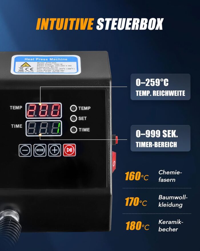 CREWORKS Hitzepresse Transferpresse 1250W Heat Press Heißpresse 360 Grad Schwenkbar DIY Mulitifunktional Sublimation Wärmepresse (38x30cm 8 in 1)