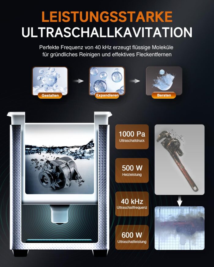 CREWORKS Ultraschallreinigungsgerät Edelstahl 30L Ultraschallreiniger 600W mit Heizung Timer Degas & Soft-Modus für Zahnprothesen Schmuck Brillen Uhren Gläser Ultraschall-Reinigungsgerät mit Knöpfen