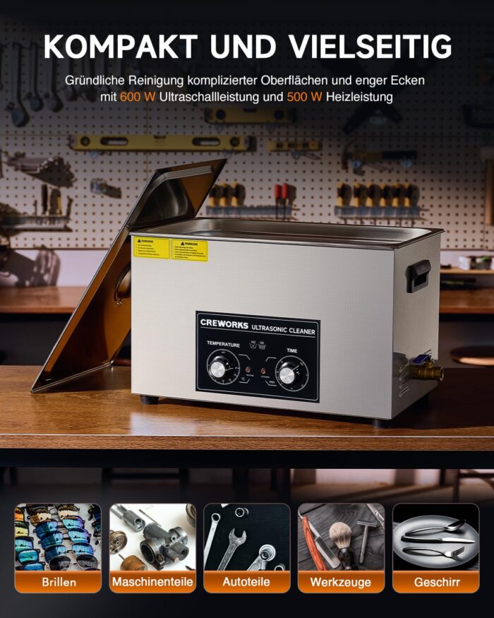CREWORKS Ultraschallreinigungsgerät Edelstahl 30L Ultraschallreiniger 600W mit Heizung Timer Degas & Soft-Modus für Zahnprothesen Schmuck Brillen Uhren Gläser Ultraschall-Reinigungsgerät mit Knöpfen