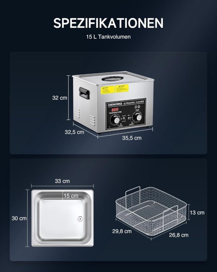 CREWORKS Ultraschallreinigungsgerät Edelstahl 15L Ultraschallreiniger 360W mit Heizung Timer Degas & Soft-Modus für Zahnprothesen Schmuck Brillen Uhren Gläser Ultraschall-Reinigungsgerät mit Knöpfen