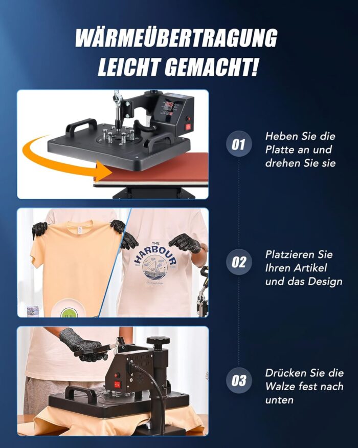 CREWORKS Hitzepresse Transferpresse 1250W Heat Press Heißpresse 360 Grad Schwenkbar DIY Mulitifunktional Sublimation Wärmepresse (38x30cm 8 in 1)