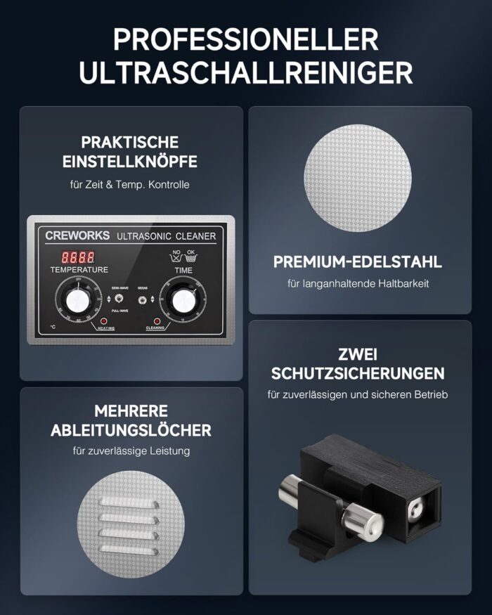 CREWORKS Ultraschallreinigungsgerät Edelstahl 15L Ultraschallreiniger 360W mit Heizung Timer Degas & Soft-Modus für Zahnprothesen Schmuck Brillen Uhren Gläser Ultraschall-Reinigungsgerät mit Knöpfen