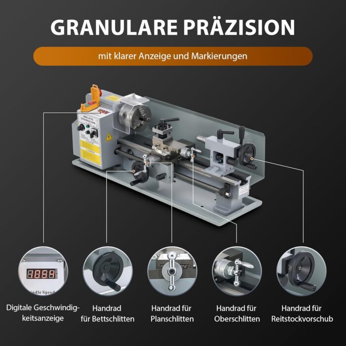 CREWORKS Mini-Drehmaschine 7 x 14 Zoll mit 3-Backen-Futter und 2500 U/min Mini-Metalldrehmaschine 180x350MM mit LCD-Display, 550W für Heimwerker-Werkstätten, Heimwerker-Metallverarbeitung und Handwerk