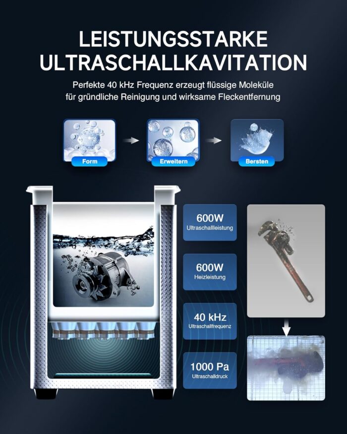 CREWORKS Profi Ultraschallreinigungsgerät 30L (Echtes Volumen) mit Degas & Soft-Modus, Ultraschallreiniger Edelstahl mit Heizung & Timer, für Brillen, Schmuck, Uhren, Gebiss & Münzen, inkl. Korb