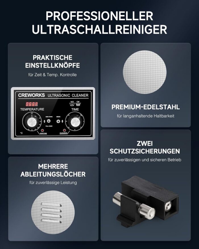 CREWORKS Ultraschallreinigungsgerät Edelstahl 30L Ultraschallreiniger 600W mit Heizung Timer Degas & Soft-Modus für Zahnprothesen Schmuck Brillen Uhren Gläser Ultraschall-Reinigungsgerät mit Knöpfen