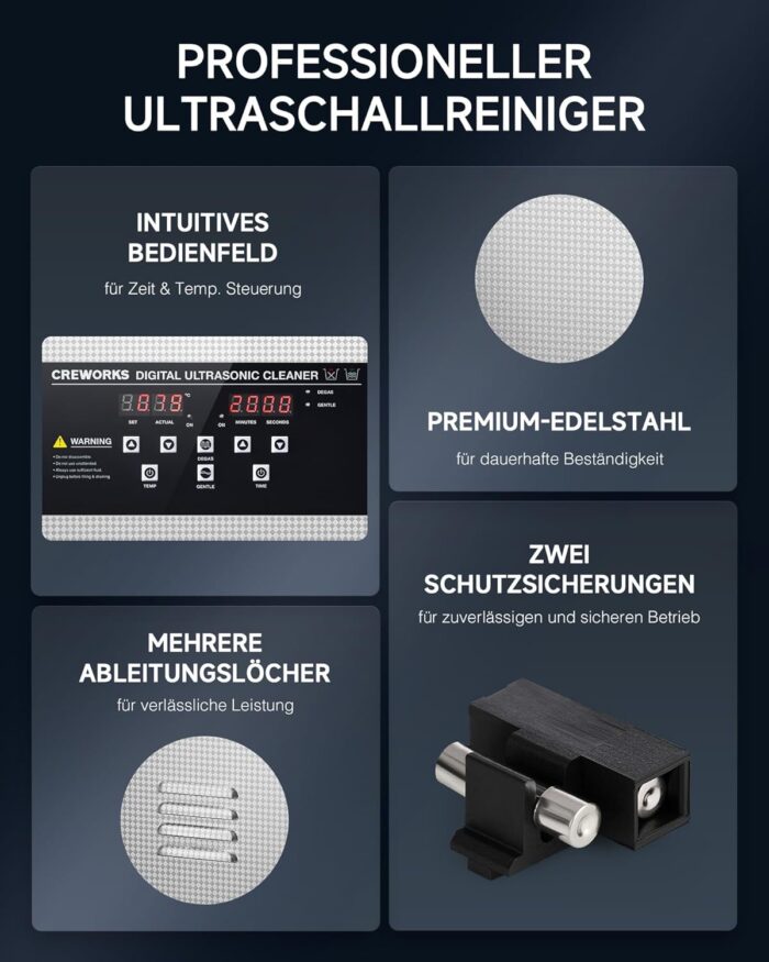 CREWORKS Profi Ultraschallreinigungsgerät 30L (Echtes Volumen) mit Degas & Soft-Modus, Ultraschallreiniger Edelstahl mit Heizung & Timer, für Brillen, Schmuck, Uhren, Gebiss & Münzen, inkl. Korb