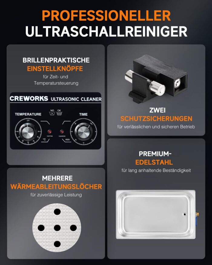 CREWORKS Ultraschallreinigungsgerät Edelstahl 30L Ultraschallreiniger 600W mit Heizung Timer Degas & Soft-Modus für Zahnprothesen Schmuck Brillen Uhren Gläser Ultraschall-Reinigungsgerät mit Knöpfen