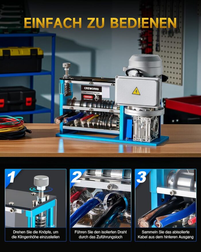 CREWORKS Elektrische Kabelabisoliermaschine 550W, 1,5-40 mm Kabelschälmaschine Automatisch, 11 Löcher & 10 Klingen Abisoliermaschine für Kupfer Recycling, Profi Abisolierer & Wire Stripping Machine