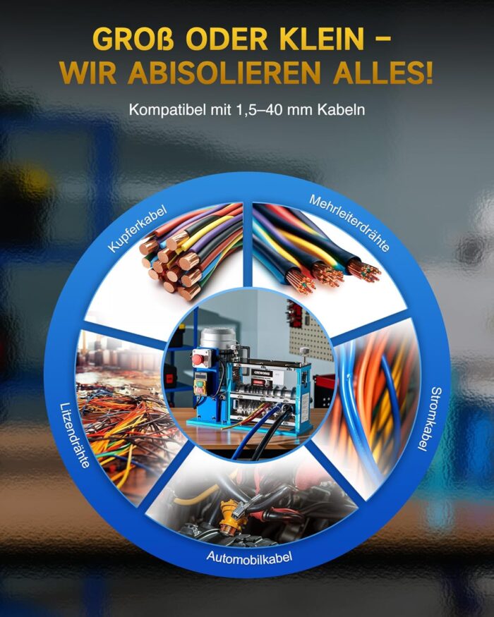 CREWORKS Elektrische Kabelabisoliermaschine 550W, 1,5-40 mm Kabelschälmaschine Automatisch, 11 Löcher & 10 Klingen Abisoliermaschine für Kupfer Recycling, Profi Abisolierer & Wire Stripping Machine