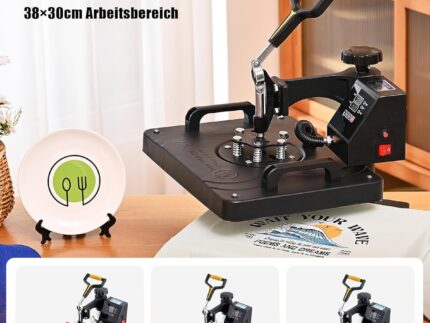 CREWORKS Hitzepresse Transferpresse 1250W Heat Press Heißpresse 360 Grad Schwenkbar DIY Mulitifunktional Sublimation Wärmepresse (38x30cm 8 in 1)