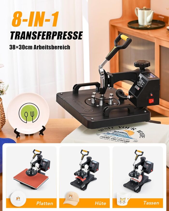 CREWORKS Hitzepresse Transferpresse 1250W Heat Press Heißpresse 360 Grad Schwenkbar DIY Mulitifunktional Sublimation Wärmepresse (38x30cm 8 in 1)