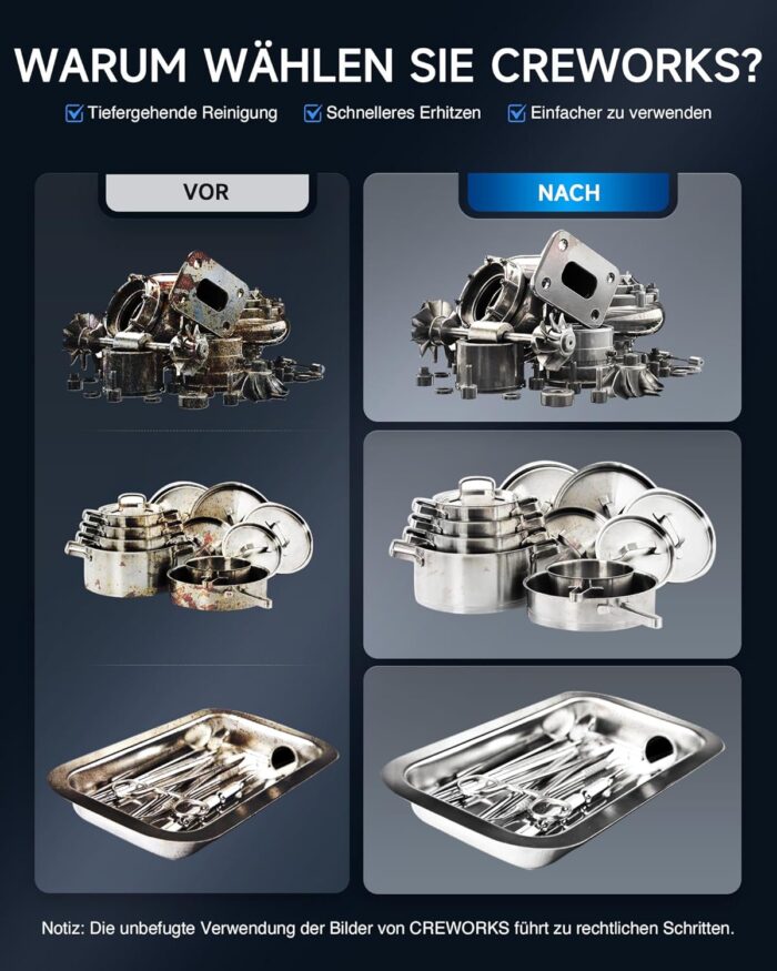 CREWORKS Ultraschallreinigungsgerät Edelstahl 15L Ultraschallreiniger 360W mit Heizung Timer Degas & Soft-Modus für Zahnprothesen Schmuck Brillen Uhren Gläser Ultraschall-Reinigungsgerät mit Knöpfen