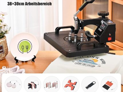 CREWORKS Transferpresse 11 in 1 Hitzepresse 38x30cm Hitzepressemaschine Multifunktionale Heißpressmaschine Wärmepresse für T-Shirts Schuhen Tassen Hüten Stiften Baseballs Tellern