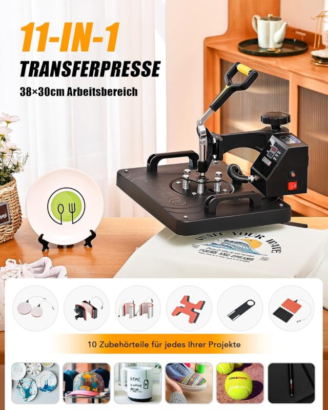 CREWORKS Transferpresse 11 in 1 Hitzepresse 38x30cm Hitzepressemaschine Multifunktionale Heißpressmaschine Wärmepresse für T-Shirts Schuhen Tassen Hüten Stiften Baseballs Tellern