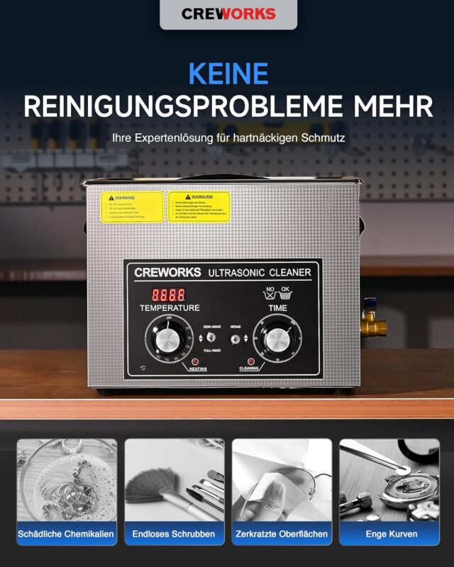 CREWORKS Ultraschallreinigungsgerät Edelstahl 15L Ultraschallreiniger 360W mit Heizung Timer Degas & Soft-Modus für Zahnprothesen Schmuck Brillen Uhren Gläser Ultraschall-Reinigungsgerät mit Knöpfen