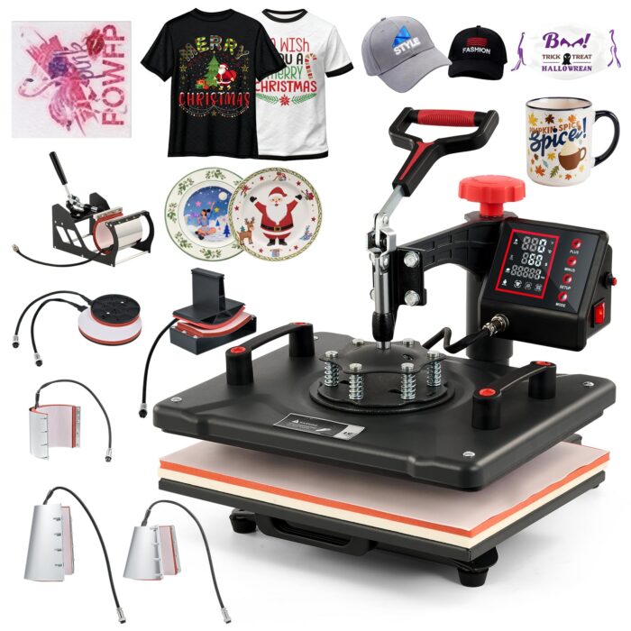 CREWORKS Transferpresse 11 in 1 Hitzepresse 38x30cm Hitzepressemaschine Multifunktionale Heißpressmaschine Wärmepresse für T-Shirts Schuhen Tassen Hüten Stiften Baseballs Tellern