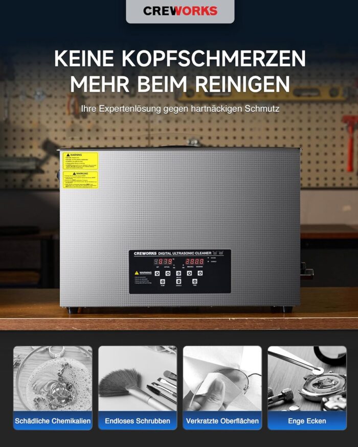 CREWORKS Profi Ultraschallreinigungsgerät 30L (Echtes Volumen) mit Degas & Soft-Modus, Ultraschallreiniger Edelstahl mit Heizung & Timer, für Brillen, Schmuck, Uhren, Gebiss & Münzen, inkl. Korb