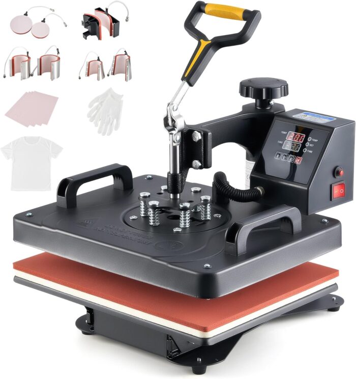 CREWORKS Hitzepresse Transferpresse 1250W Heat Press Heißpresse 360 Grad Schwenkbar DIY Mulitifunktional Sublimation Wärmepresse (38x30cm 8 in 1)