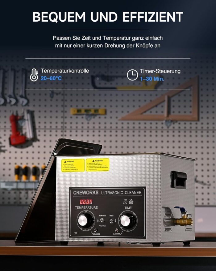 CREWORKS Ultraschallreinigungsgerät Edelstahl 15L Ultraschallreiniger 360W mit Heizung Timer Degas & Soft-Modus für Zahnprothesen Schmuck Brillen Uhren Gläser Ultraschall-Reinigungsgerät mit Knöpfen