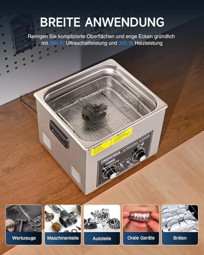 CREWORKS Ultraschallreinigungsgerät Edelstahl 15L Ultraschallreiniger 360W mit Heizung Timer Degas & Soft-Modus für Zahnprothesen Schmuck Brillen Uhren Gläser Ultraschall-Reinigungsgerät mit Knöpfen