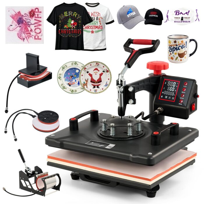 CREWORKS Hitzepresse Transferpresse 1250W Heat Press Heißpresse 360 Grad Schwenkbar DIY Mulitifunktional Sublimation Wärmepresse (38x30cm 8 in 1)