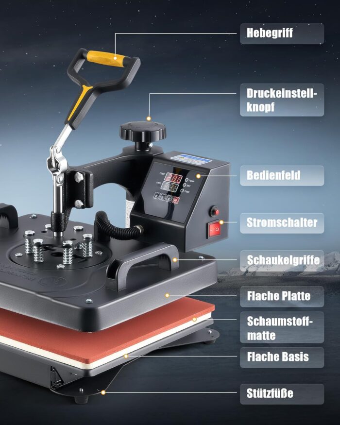 CREWORKS Hitzepresse Transferpresse 1250W Heat Press Heißpresse 360 Grad Schwenkbar DIY Mulitifunktional Sublimation Wärmepresse (38x30cm 8 in 1)