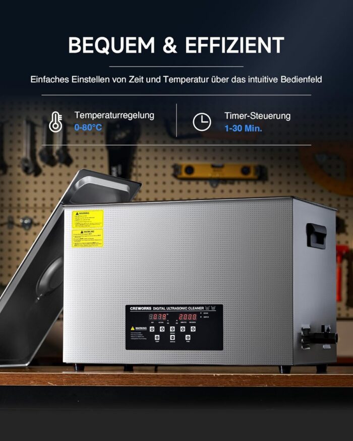 CREWORKS Profi Ultraschallreinigungsgerät 30L (Echtes Volumen) mit Degas & Soft-Modus, Ultraschallreiniger Edelstahl mit Heizung & Timer, für Brillen, Schmuck, Uhren, Gebiss & Münzen, inkl. Korb
