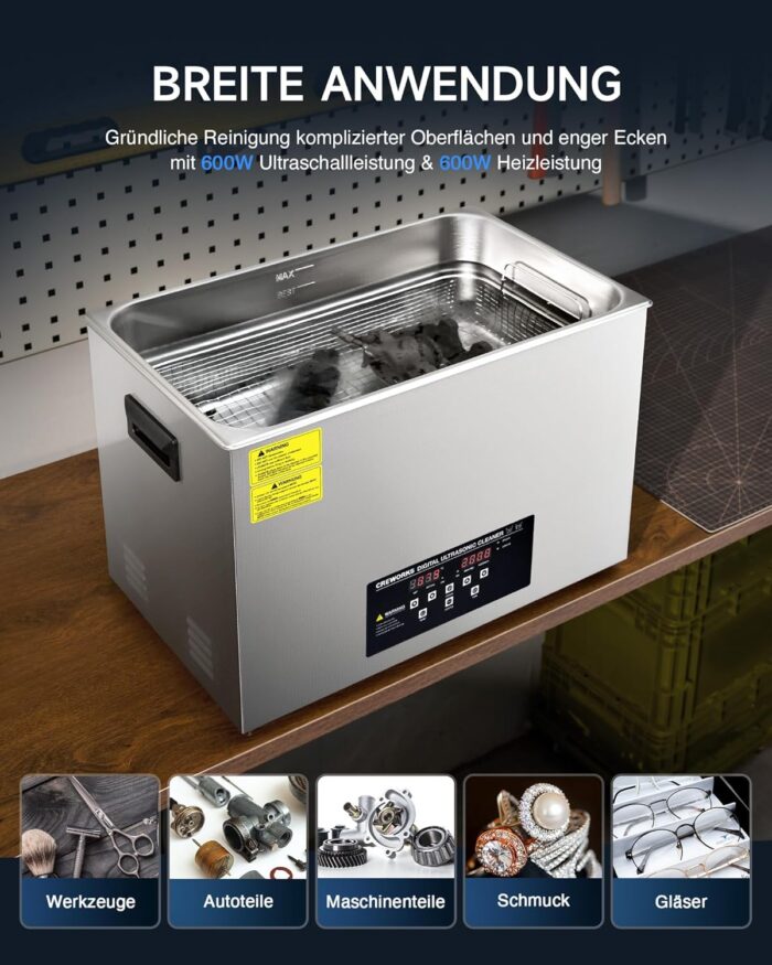 CREWORKS Profi Ultraschallreinigungsgerät 30L (Echtes Volumen) mit Degas & Soft-Modus, Ultraschallreiniger Edelstahl mit Heizung & Timer, für Brillen, Schmuck, Uhren, Gebiss & Münzen, inkl. Korb